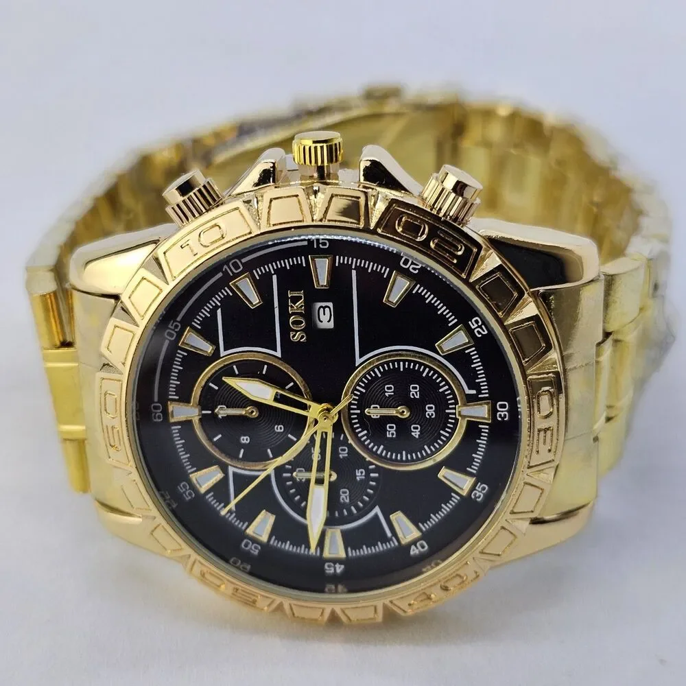Men's Watch Bracelet Set 43MM Black Dial Date Gold‎ Bracelet Band 8